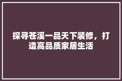 探寻苍溪一品天下装修，打造高品质家居生活